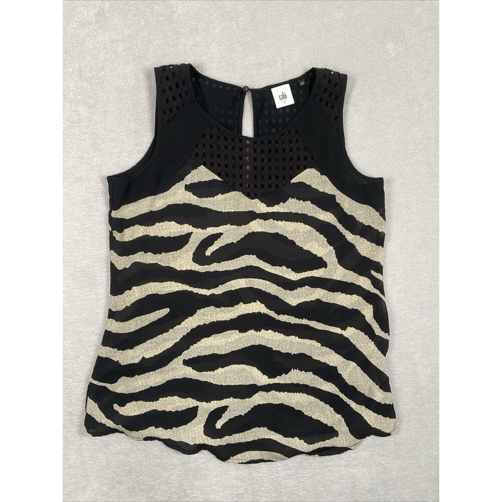 Cabi Tivoli Tank Top Women's Small Animal Black Tan Mesh Accent 5046 Flowy